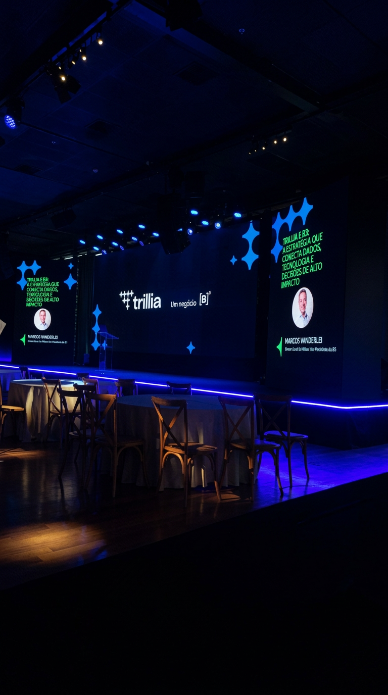 Palco de evento corporativo com telões de projeção e iluminação azul
